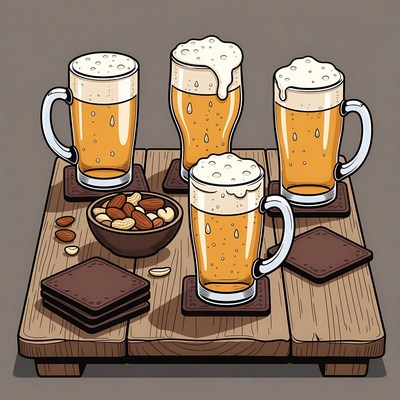 Four Beer Glasses with Peanuts