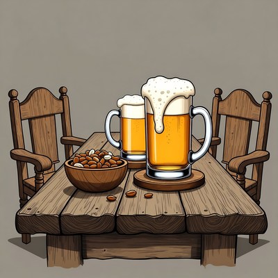 Beer Mugs and Peanuts on Wooden Table