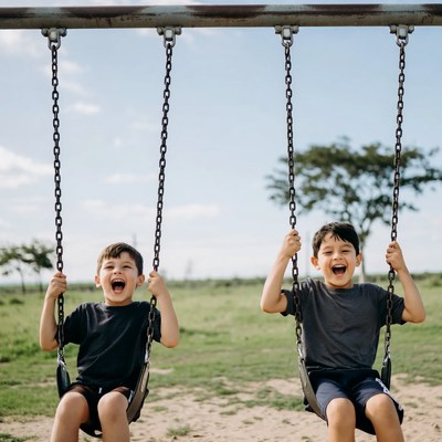 Two boys swinging on playground swings