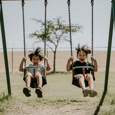 Two boys swinging on playground swings