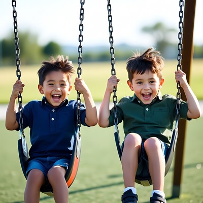 Asian twin boys swinging happily