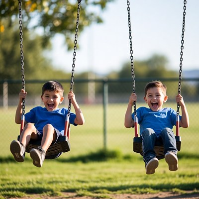 Twin boys swinging on playground swings