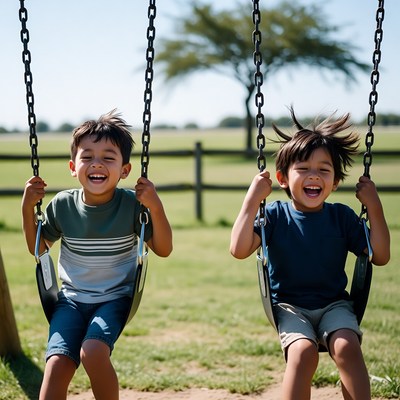 Two boys swinging on playground swings