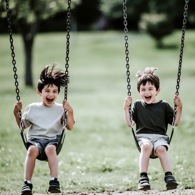 Two boys swinging on playground swings