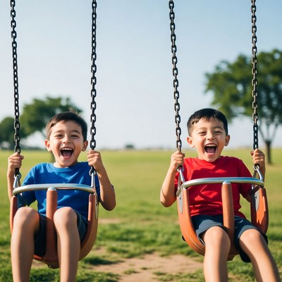 Two boys swinging on playground swings