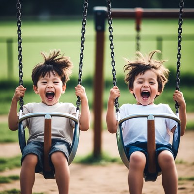 Twin Asian Boys Swinging on Playground