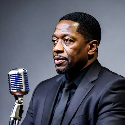 African-American man holding blue microphone