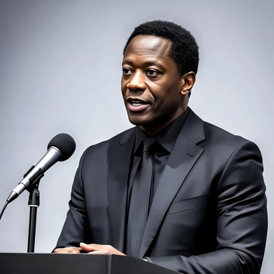 African-American man speaking at podium