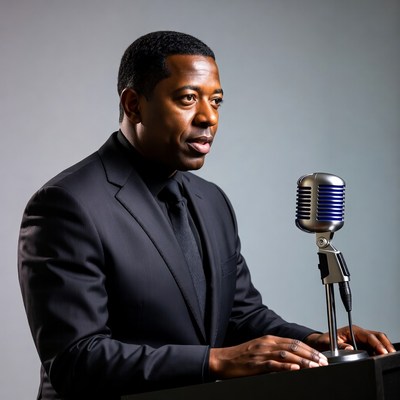 African-American man speaking at podium