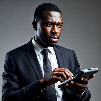 African-American man calculating with calculator