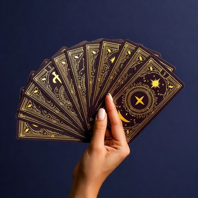 Woman holding fanned tarot cards