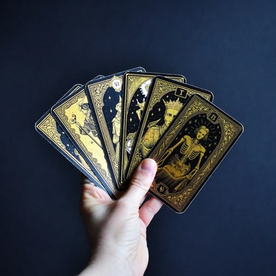 Hand holding tarot cards spread