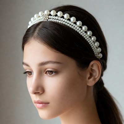 Woman wearing pearl tiara headband