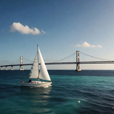 White sailboat under suspension bridge