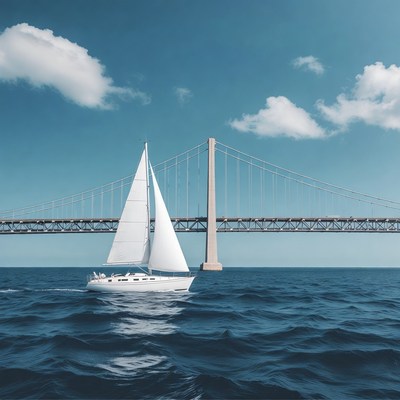 White Sailboat Under Tall Bridge