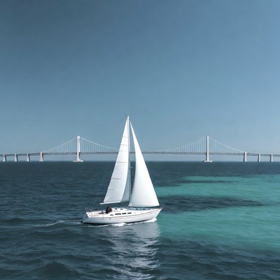 White sailboat under suspension bridge