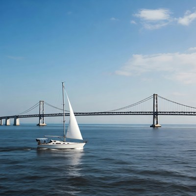 Sailboat passing under suspension bridge