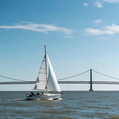 Sailboat passing under Golden Gate Bridge