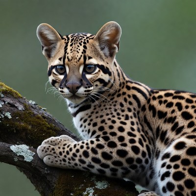 Ocelot kitten on mossy branch