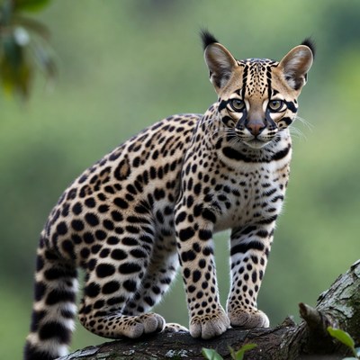 Ocelot kitten sitting on tree branch