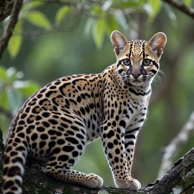 Ocelot sitting on tree branch