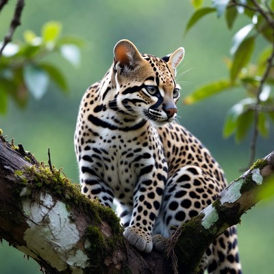Ocelot cub on tree branch