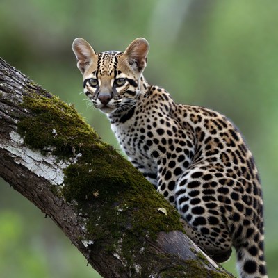 Ocelot cub on mossy branch