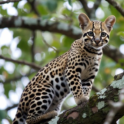 Serval kitten on tree branch