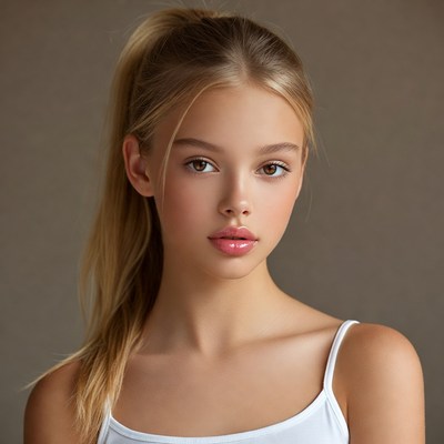Blonde girl with ponytail in white camisole