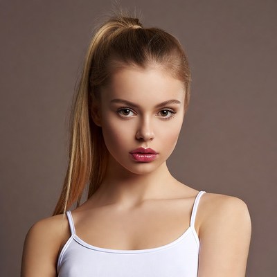Woman with long ponytail in white camisole