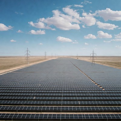 Solar panels in desert landscape