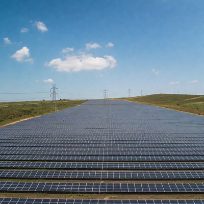 Solar panels field under blue sky