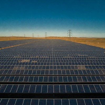 Solar panels in desert landscape