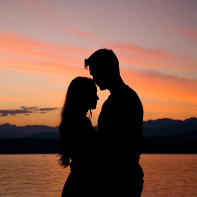 Silhouette couple embracing at sunset lake