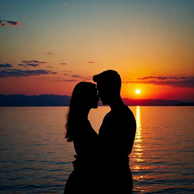 Silhouette couple kissing at sunset
