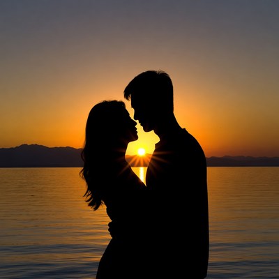 Silhouette couple kissing at sunset