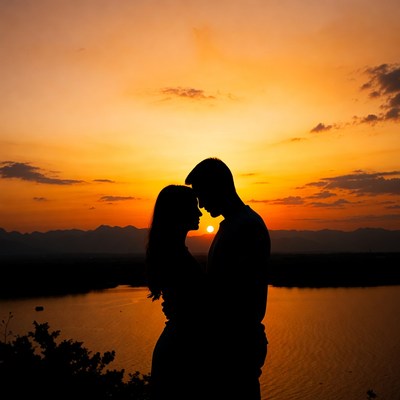Silhouette couple embracing at sunset