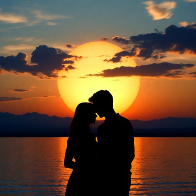 Silhouette couple embracing at sunset