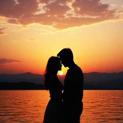 Silhouette couple embracing at sunset