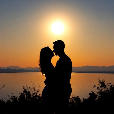 Silhouette couple kissing at sunset