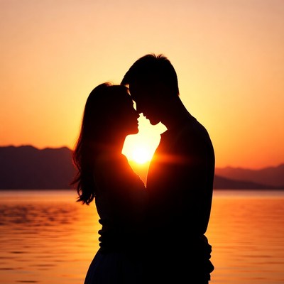Silhouette couple kissing at sunset