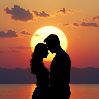 Silhouette couple embracing sunset beach