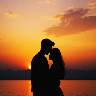 Silhouette couple embracing at sunset