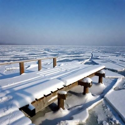 Snowy Wooden Pier on Frozen Lake