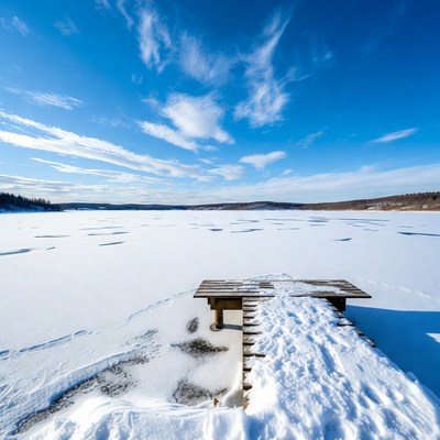Snowy Wooden Dock on Frozen Lake