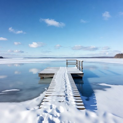 Wooden pier on frozen lake