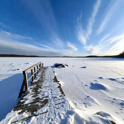 Wooden pier over frozen lake