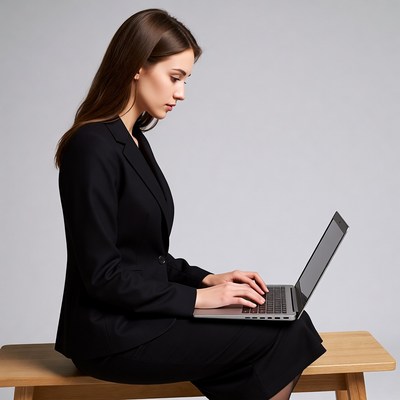 Woman in suit typing on laptop