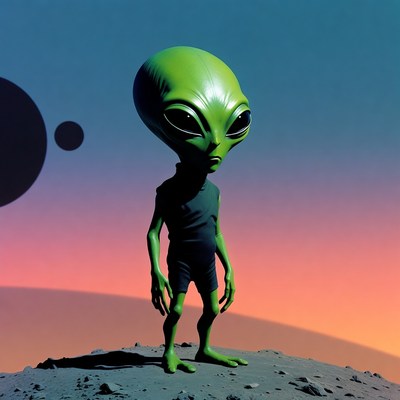 Green Alien Standing on Rocky Planet