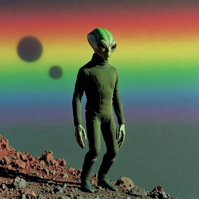 Green Alien Standing on Rocky Planet